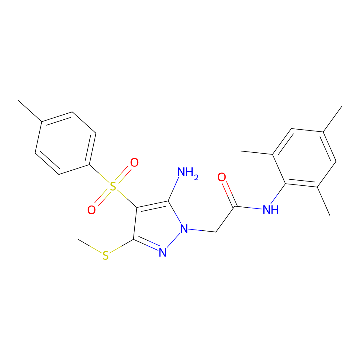 2-(5-amino-3-(methylthio)-4-tosyl-1H-pyrazol-1-yl)-N-mesitylacetamide molecular structure, CAS 1019098-07-7