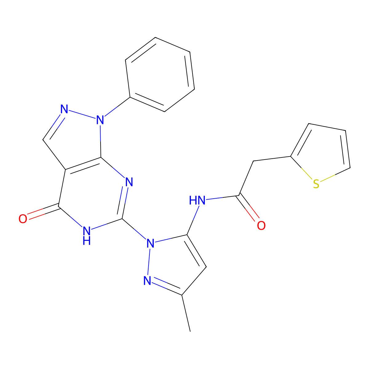 N-(3-methyl-1-(4-oxo-1-phenyl-4,5-dihydro-1H-pyrazolo[3,4-d]pyrimidin-6-yl)-1H-pyrazol-5-yl)-2-(thiophen-2-yl)acetamide molecular structure, CAS 1019098-11-3
