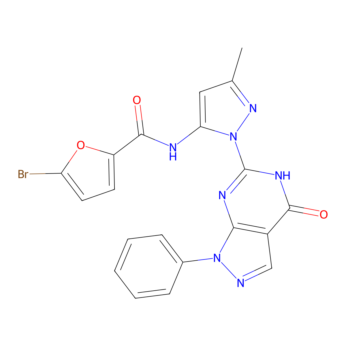 5-bromo-N-(3-methyl-1-(4-oxo-1-phenyl-4,5-dihydro-1H-pyrazolo[3,4-d]pyrimidin-6-yl)-1H-pyrazol-5-yl)furan-2-carboxamide molecular structure, CAS 1019098-17-9