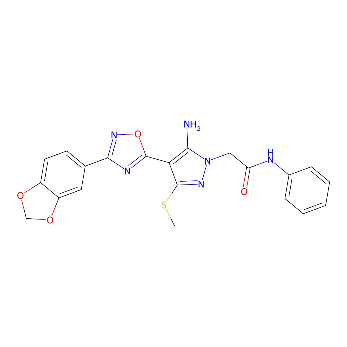 2-(5-amino-4-(3-(benzo[d][1,3]dioxol-5-yl)-1,2,4-oxadiazol-5-yl)-3-(methylthio)-1H-pyrazol-1-yl)-N-phenylacetamide molecular structure, CAS 1019098-19-1