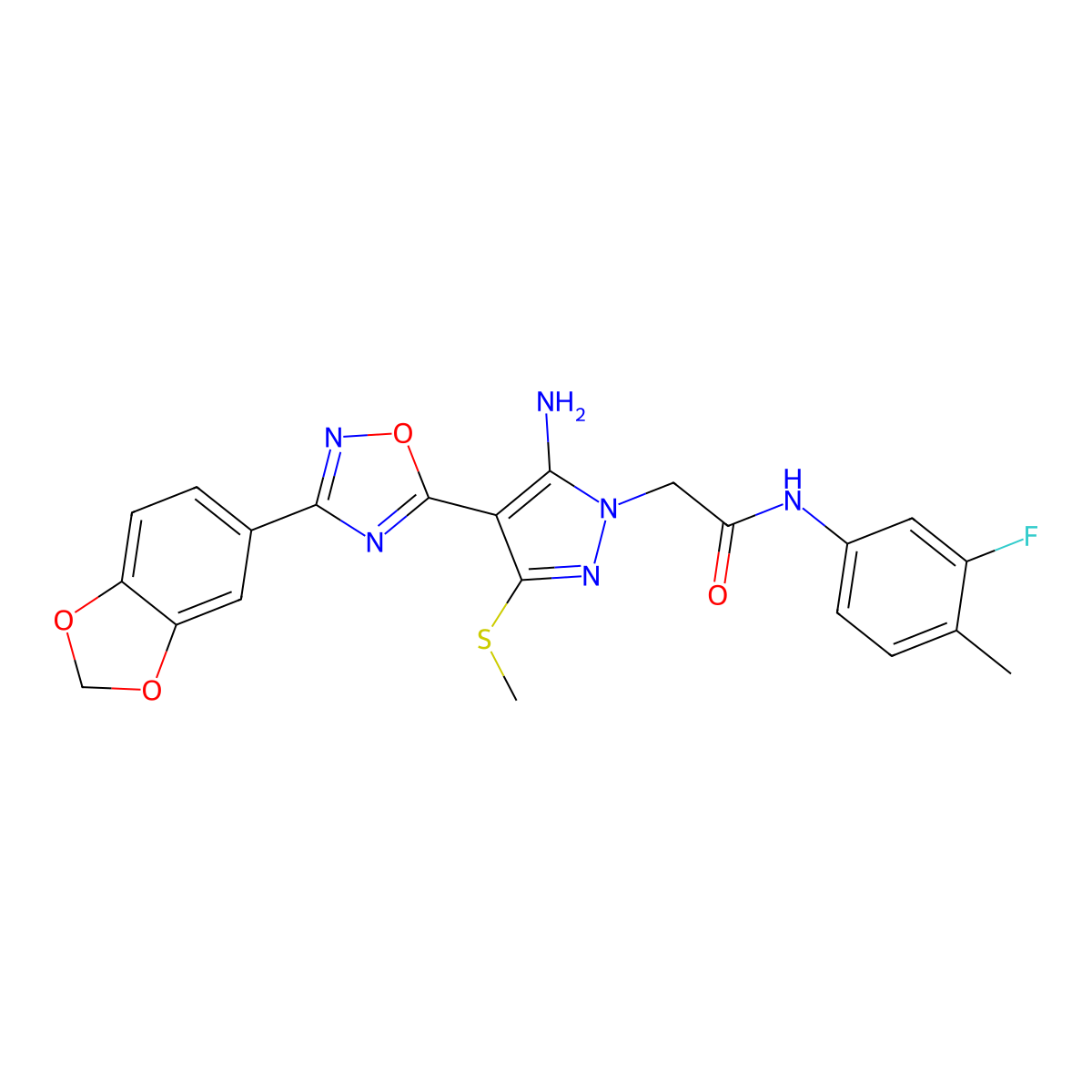 2-(5-amino-4-(3-(benzo[d][1,3]dioxol-5-yl)-1,2,4-oxadiazol-5-yl)-3-(methylthio)-1H-pyrazol-1-yl)-N-(3-fluoro-4-methylphenyl)acetamide molecular structure, CAS 1019098-22-6