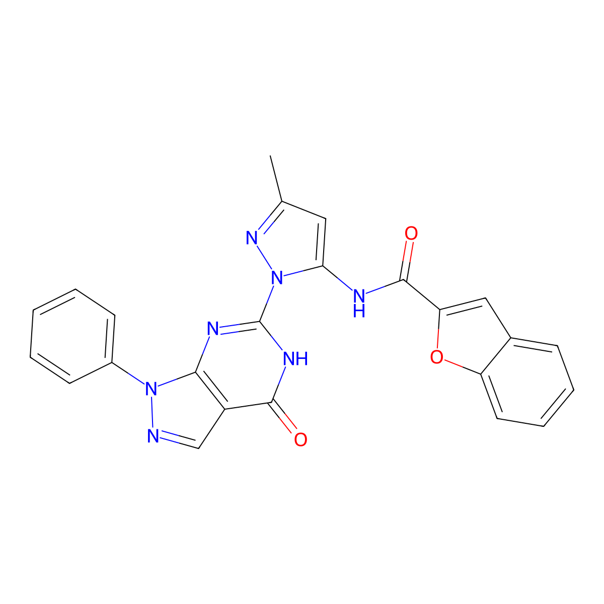 N-(3-methyl-1-(4-oxo-1-phenyl-4,5-dihydro-1H-pyrazolo[3,4-d]pyrimidin-6-yl)-1H-pyrazol-5-yl)benzofuran-2-carboxamide molecular structure, CAS 1019098-23-7