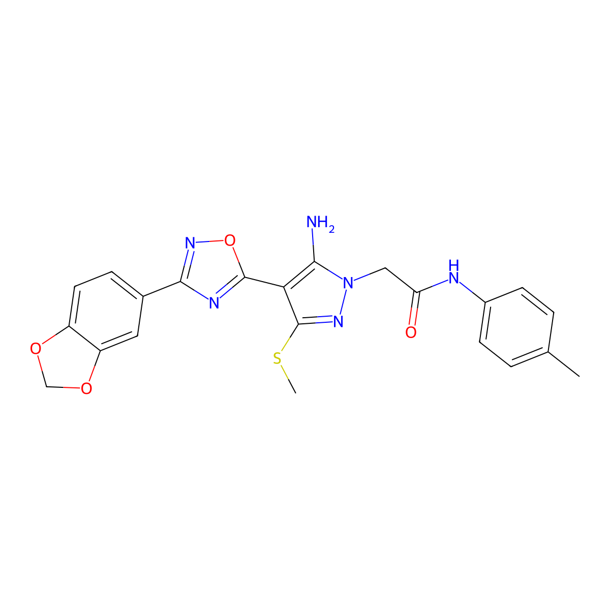 2-{5-amino-4-[3-(2H-1,3-benzodioxol-5-yl)-1,2,4-oxadiazol-5-yl]-3-(methylsulfanyl)-1H-pyrazol-1-yl}-N-(4-methylphenyl)acetamide molecular structure, CAS 1019098-25-9