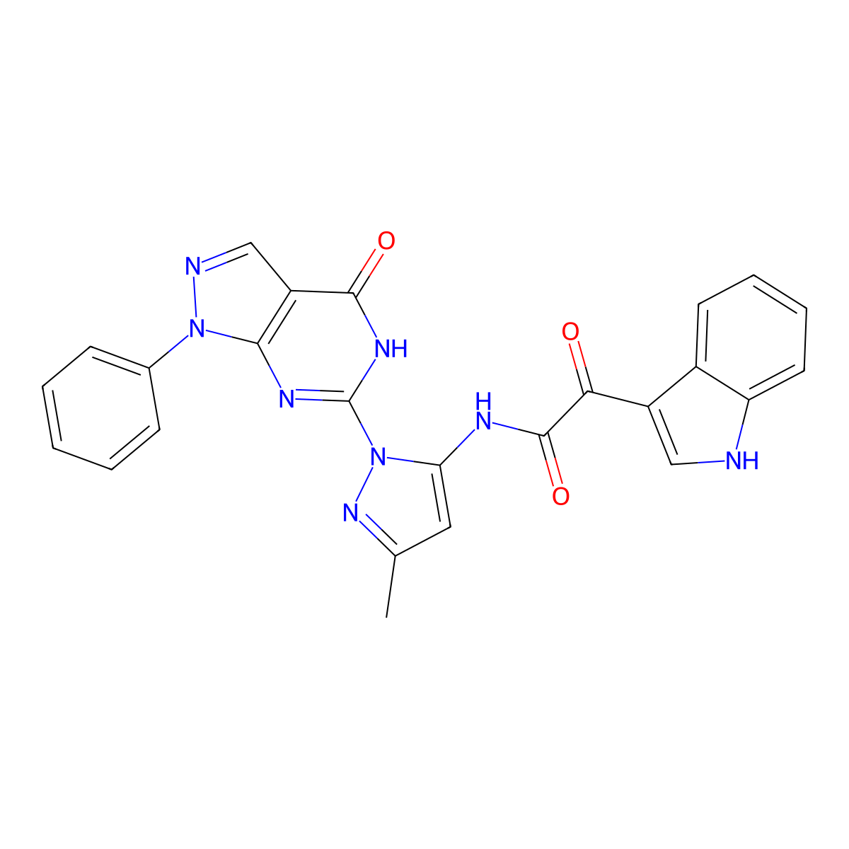 2-(1H-indol-3-yl)-N-(3-methyl-1-(4-oxo-1-phenyl-4,5-dihydro-1H-pyrazolo[3,4-d]pyrimidin-6-yl)-1H-pyrazol-5-yl)-2-oxoacetamide molecular structure, CAS 1019098-26-0