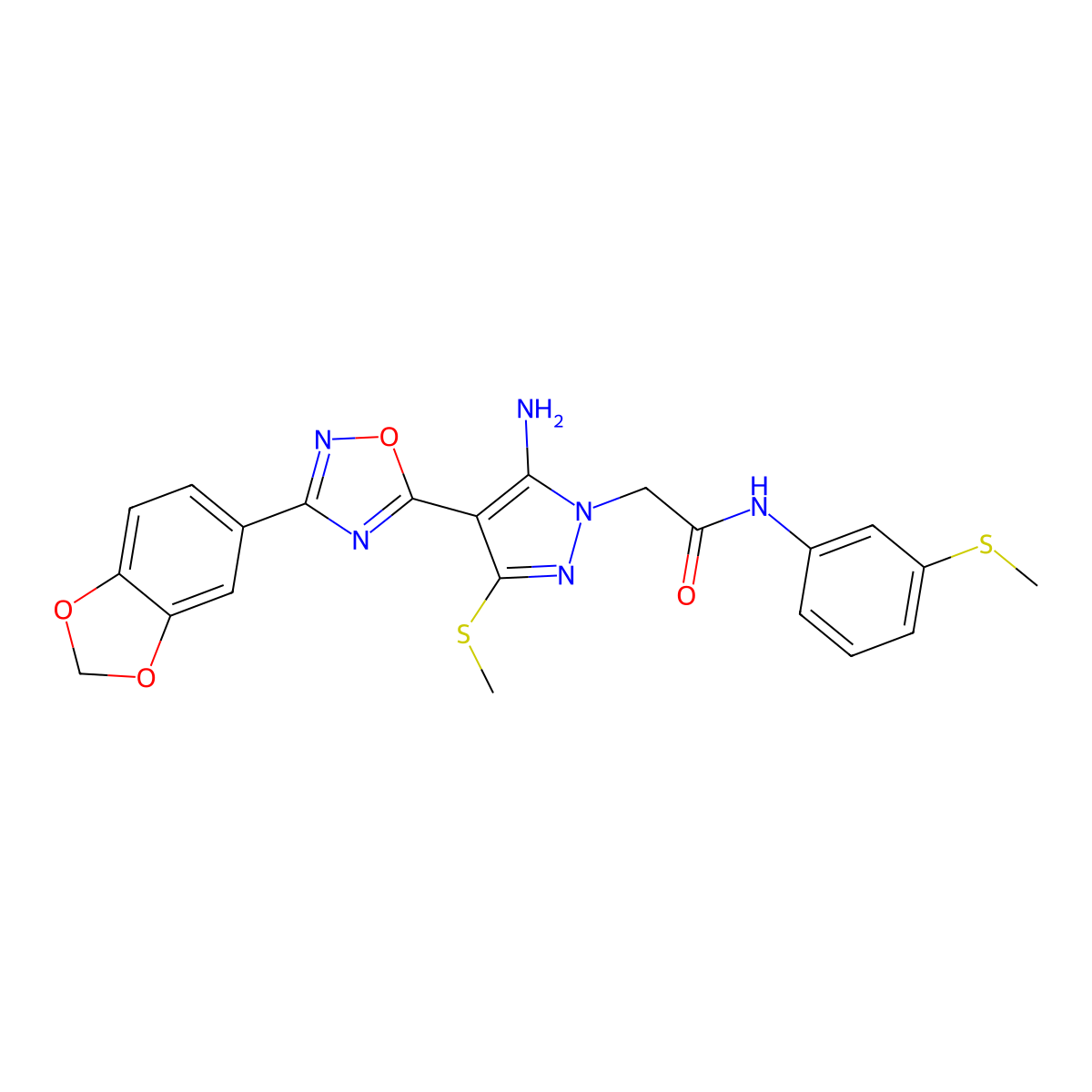 N-[3-(Methylthio)phenyl]-2-[3-(methylthio)-4-[3-(1,3-benzodioxole-5-yl)-1,2,4-oxadiazole-5-yl]-5-amino-1H-pyrazole-1-yl]acetamide molecular structure, CAS 1019098-28-2