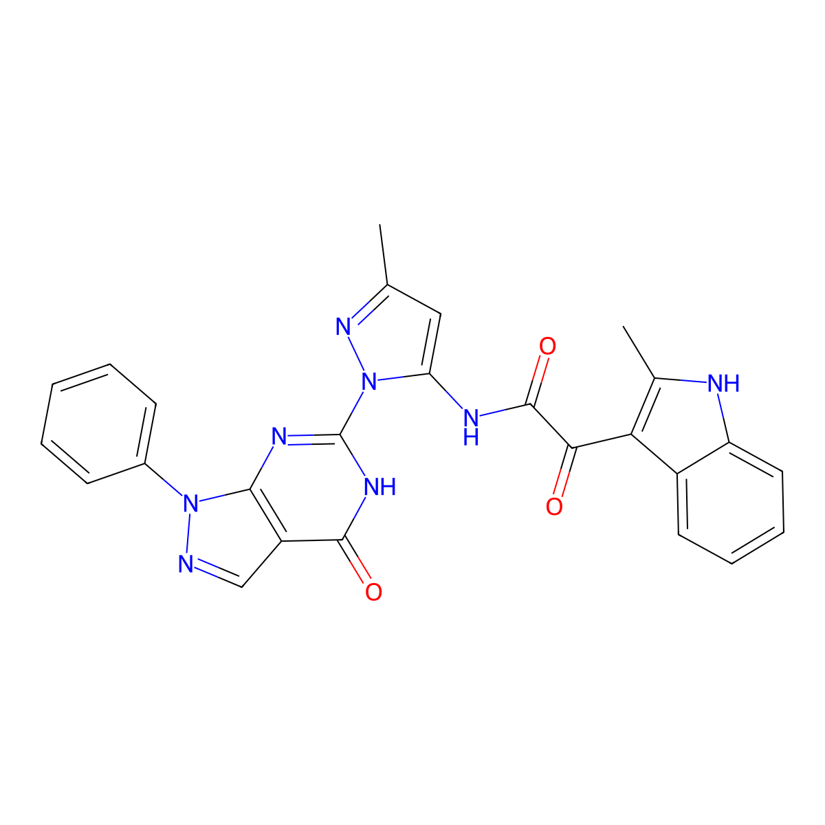 N-(3-methyl-1-(4-oxo-1-phenyl-4,5-dihydro-1H-pyrazolo[3,4-d]pyrimidin-6-yl)-1H-pyrazol-5-yl)-2-(2-methyl-1H-indol-3-yl)-2-oxoacetamide molecular structure, CAS 1019098-29-3