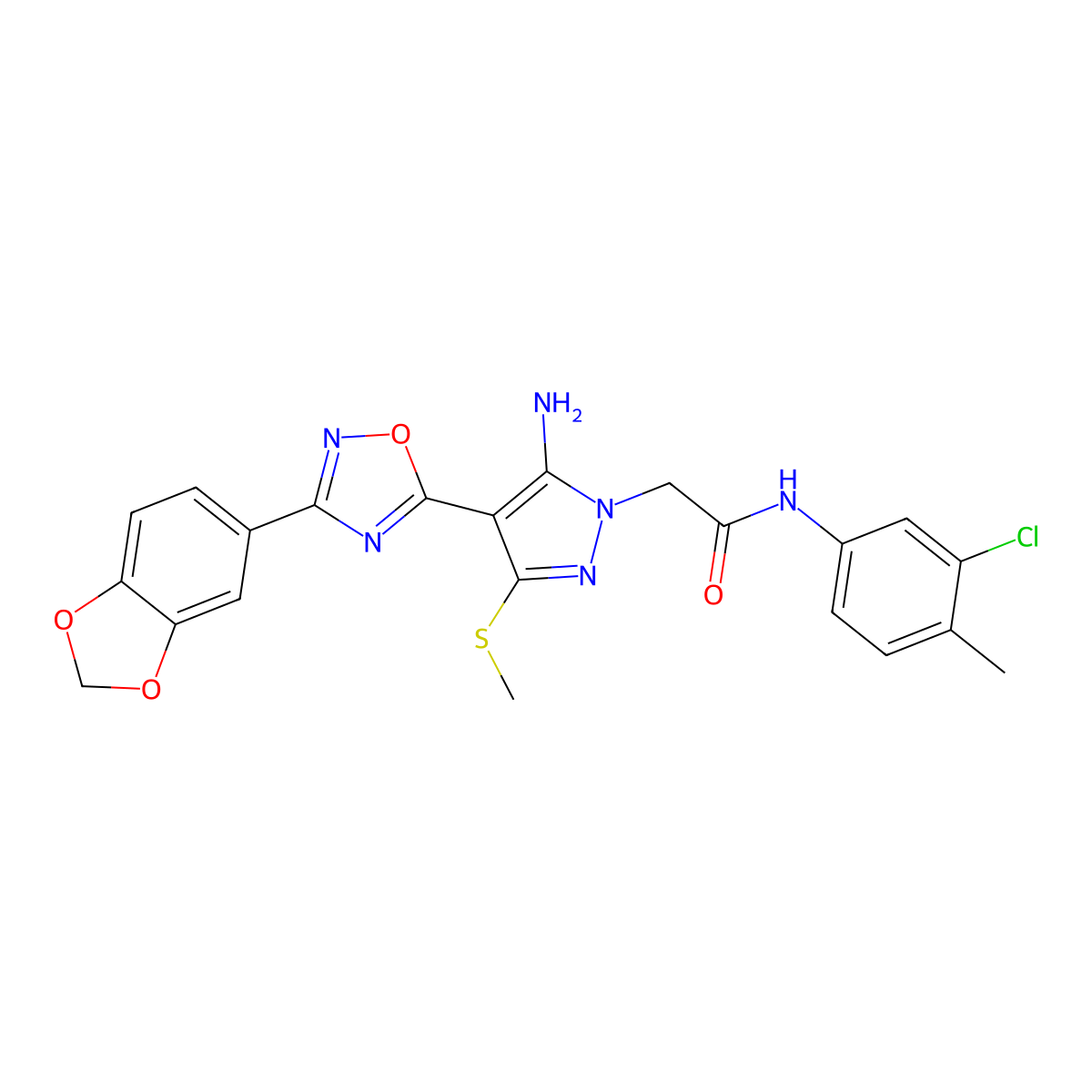 2-(5-amino-4-(3-(benzo[d][1,3]dioxol-5-yl)-1,2,4-oxadiazol-5-yl)-3-(methylthio)-1H-pyrazol-1-yl)-N-(3-chloro-4-methylphenyl)acetamide molecular structure, CAS 1019098-31-7