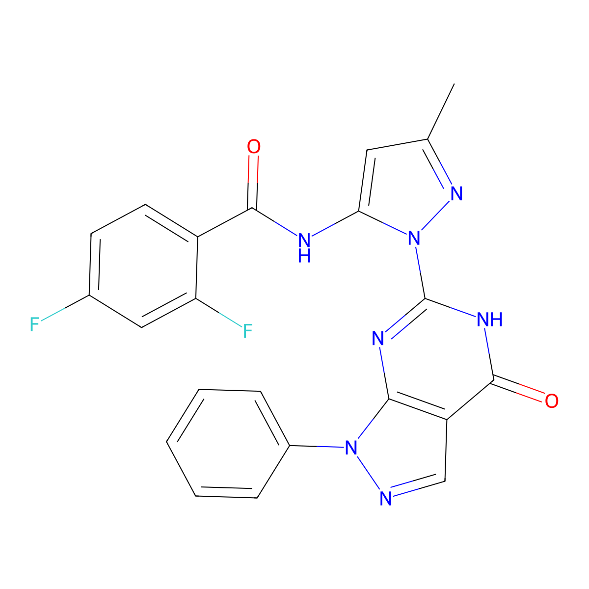 2,4-difluoro-N-(3-methyl-1-(4-oxo-1-phenyl-4,5-dihydro-1H-pyrazolo[3,4-d]pyrimidin-6-yl)-1H-pyrazol-5-yl)benzamide molecular structure, CAS 1019098-32-8