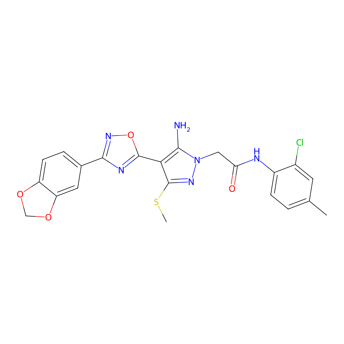 2-(5-amino-4-(3-(benzo[d][1,3]dioxol-5-yl)-1,2,4-oxadiazol-5-yl)-3-(methylthio)-1H-pyrazol-1-yl)-N-(2-chloro-4-methylphenyl)acetamide molecular structure, CAS 1019098-34-0
