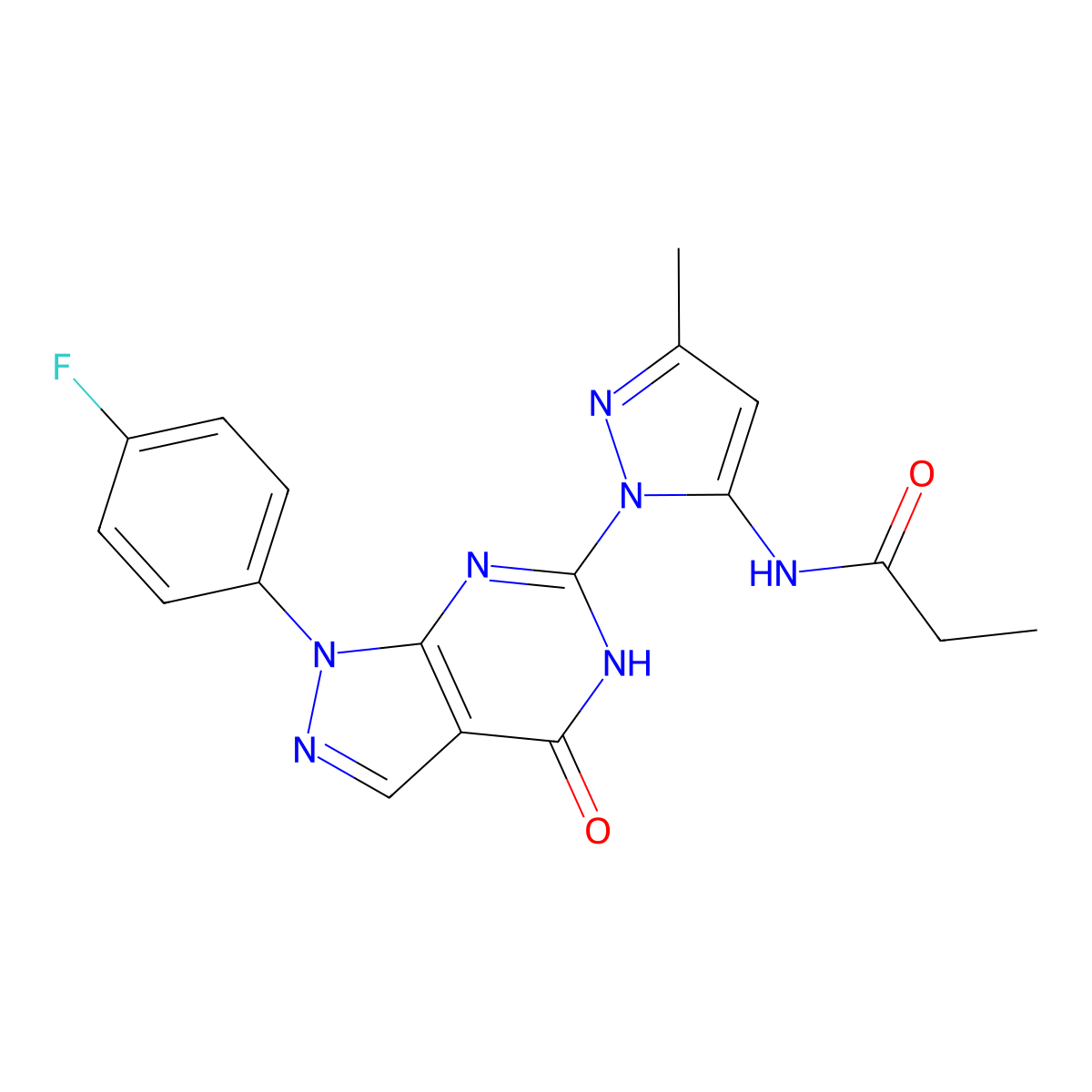 N-(1-(1-(4-fluorophenyl)-4-oxo-4,5-dihydro-1H-pyrazolo[3,4-d]pyrimidin-6-yl)-3-methyl-1H-pyrazol-5-yl)propionamide molecular structure, CAS 1019098-35-1