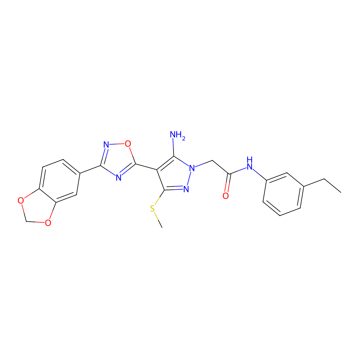 2-(5-amino-4-(3-(benzo[d][1,3]dioxol-5-yl)-1,2,4-oxadiazol-5-yl)-3-(methylthio)-1H-pyrazol-1-yl)-N-(3-ethylphenyl)acetamide molecular structure, CAS 1019098-37-3