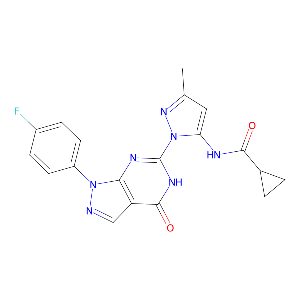 N-(1-(1-(4-fluorophenyl)-4-oxo-4,5-dihydro-1H-pyrazolo[3,4-d]pyrimidin-6-yl)-3-methyl-1H-pyrazol-5-yl)cyclopropanecarboxamide molecular structure, CAS 1019098-38-4