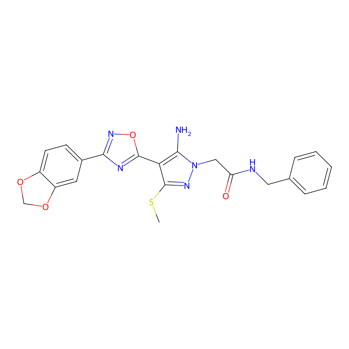 2-(5-amino-4-(3-(benzo[d][1,3]dioxol-5-yl)-1,2,4-oxadiazol-5-yl)-3-(methylthio)-1H-pyrazol-1-yl)-N-benzylacetamide molecular structure, CAS 1019098-41-9