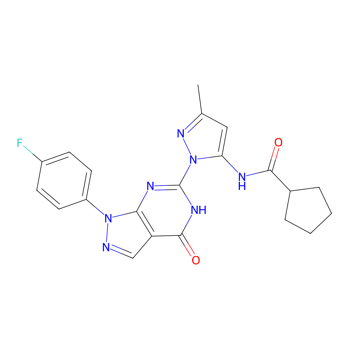 N-(1-(1-(4-fluorophenyl)-4-oxo-4,5-dihydro-1H-pyrazolo[3,4-d]pyrimidin-6-yl)-3-methyl-1H-pyrazol-5-yl)cyclopentanecarboxamide molecular structure, CAS 1019098-42-0