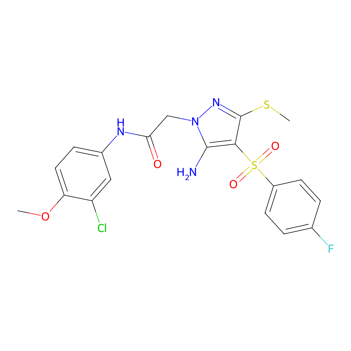 2-(5-amino-4-((4-fluorophenyl)sulfonyl)-3-(methylthio)-1H-pyrazol-1-yl)-N-(3-chloro-4-methoxyphenyl)acetamide molecular structure, CAS 1019098-44-2