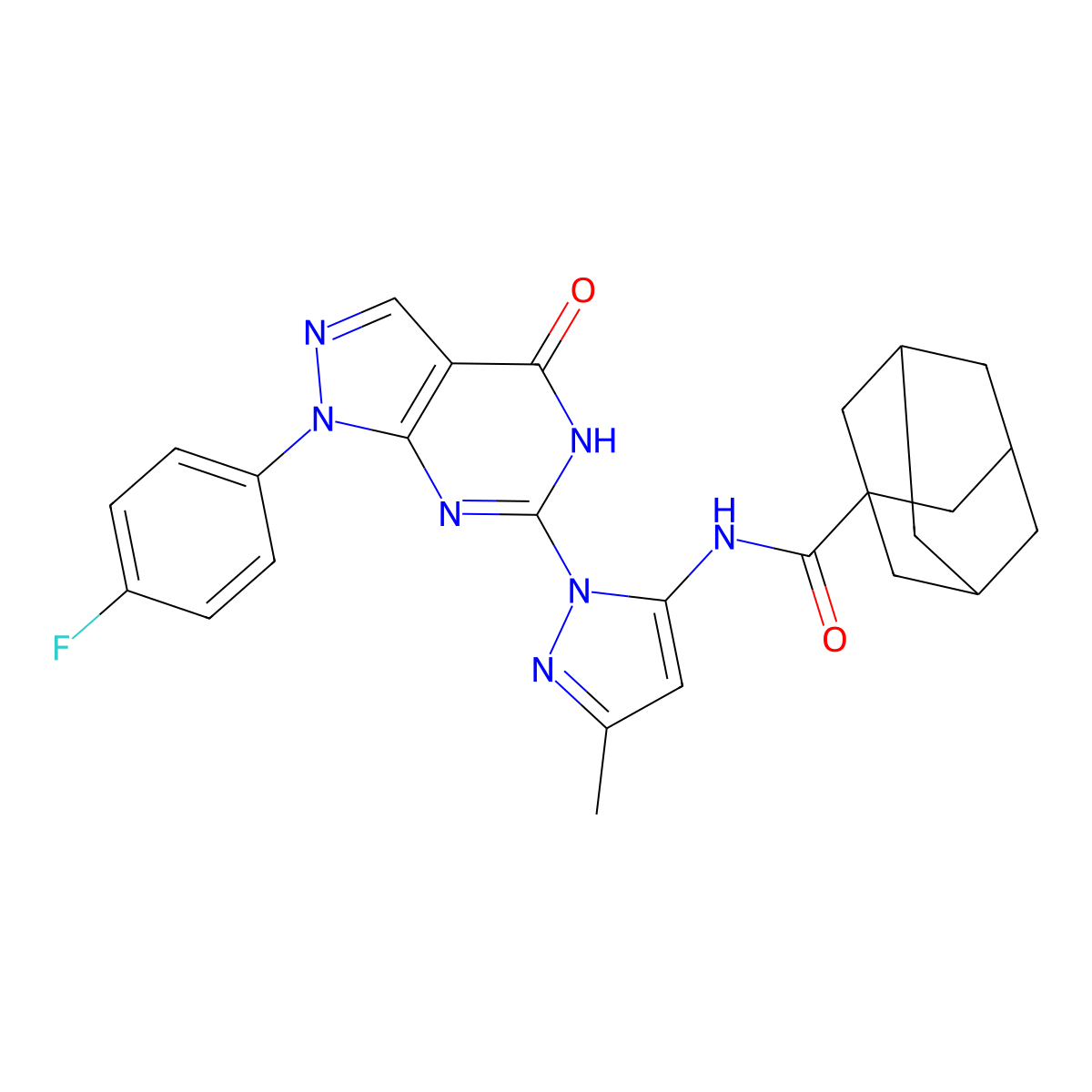 (3r,5r,7r)-N-(1-(1-(4-fluorophenyl)-4-oxo-4,5-dihydro-1H-pyrazolo[3,4-d]pyrimidin-6-yl)-3-methyl-1H-pyrazol-5-yl)adamantane-1-carboxamide molecular structure, CAS 1019098-45-3