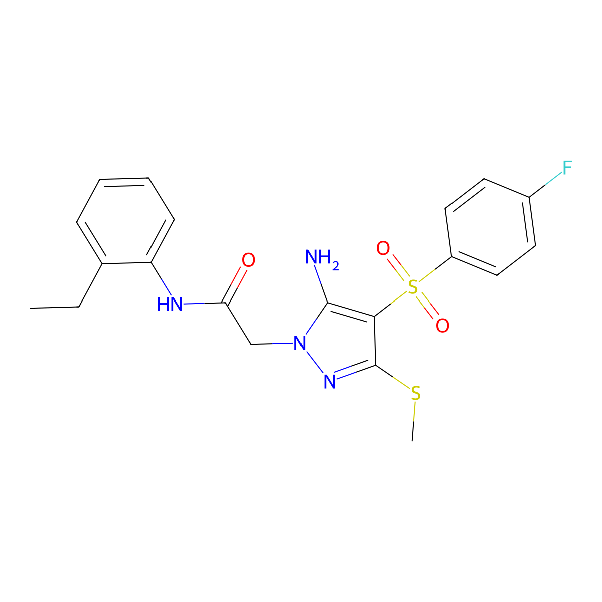 2-(5-amino-4-((4-fluorophenyl)sulfonyl)-3-(methylthio)-1H-pyrazol-1-yl)-N-(2-ethylphenyl)acetamide molecular structure, CAS 1019098-47-5