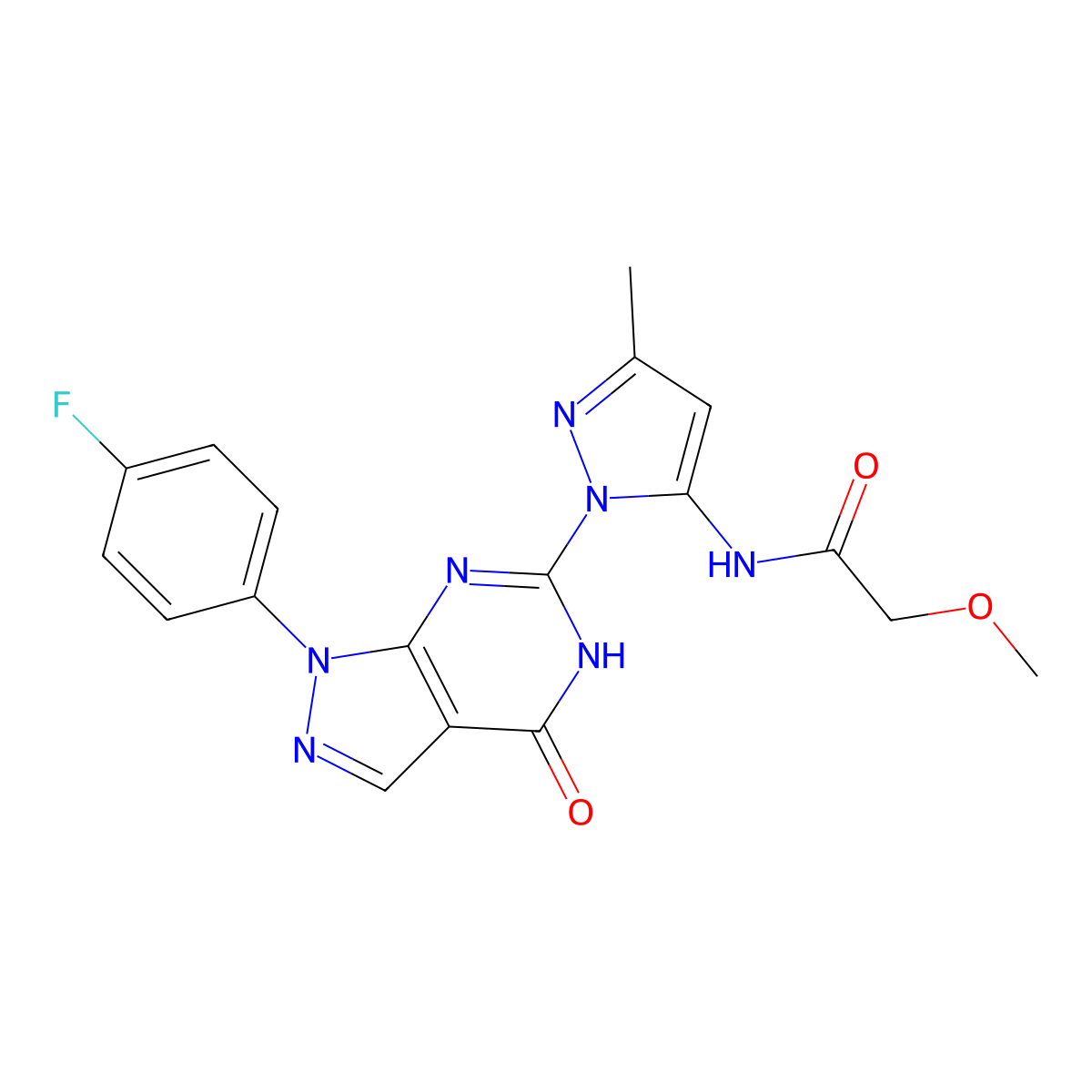 N-(1-(1-(4-fluorophenyl)-4-oxo-4,5-dihydro-1H-pyrazolo[3,4-d]pyrimidin-6-yl)-3-methyl-1H-pyrazol-5-yl)-2-methoxyacetamide molecular structure, CAS 1019098-48-6