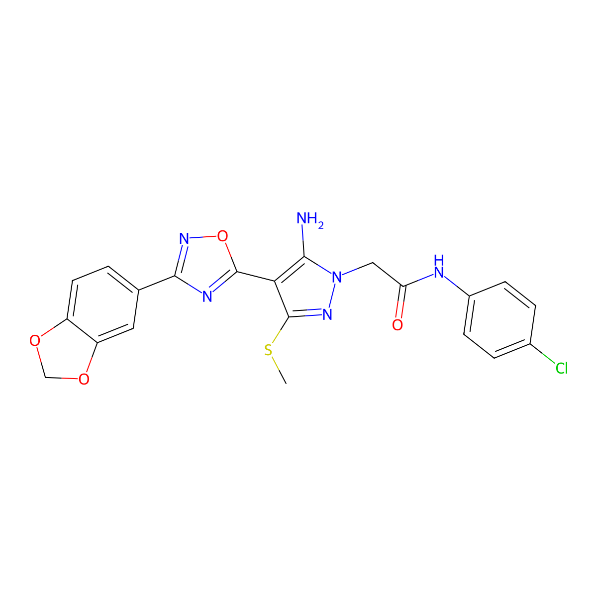 2-[5-amino-4-[3-(1,3-benzodioxol-5-yl)-1,2,4-oxadiazol-5-yl]-3-(methylthio)-1H-pyrazol-1-yl]-N-(4-chlorophenyl)acetamide molecular structure, CAS 1019098-52-2