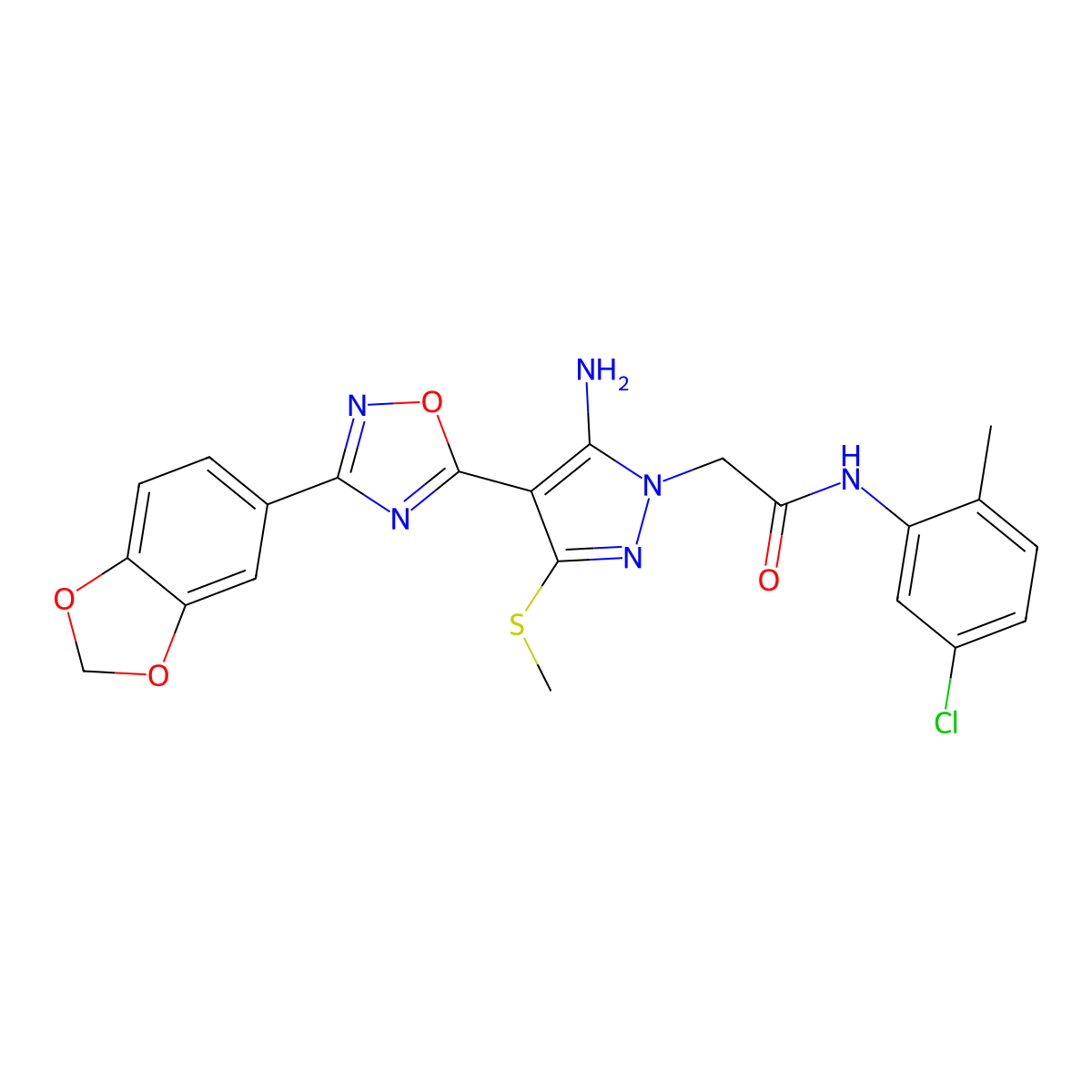 2-(5-amino-4-(3-(benzo[d][1,3]dioxol-5-yl)-1,2,4-oxadiazol-5-yl)-3-(methylthio)-1H-pyrazol-1-yl)-N-(5-chloro-2-methylphenyl)acetamide molecular structure, CAS 1019098-54-4