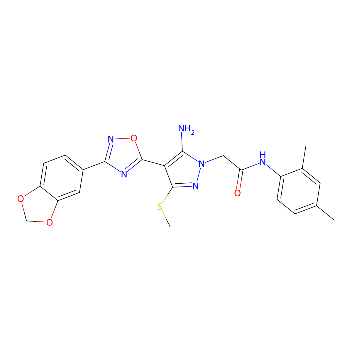 2-(5-amino-4-(3-(benzo[d][1,3]dioxol-5-yl)-1,2,4-oxadiazol-5-yl)-3-(methylthio)-1H-pyrazol-1-yl)-N-(2,4-dimethylphenyl)acetamide molecular structure, CAS 1019098-56-6