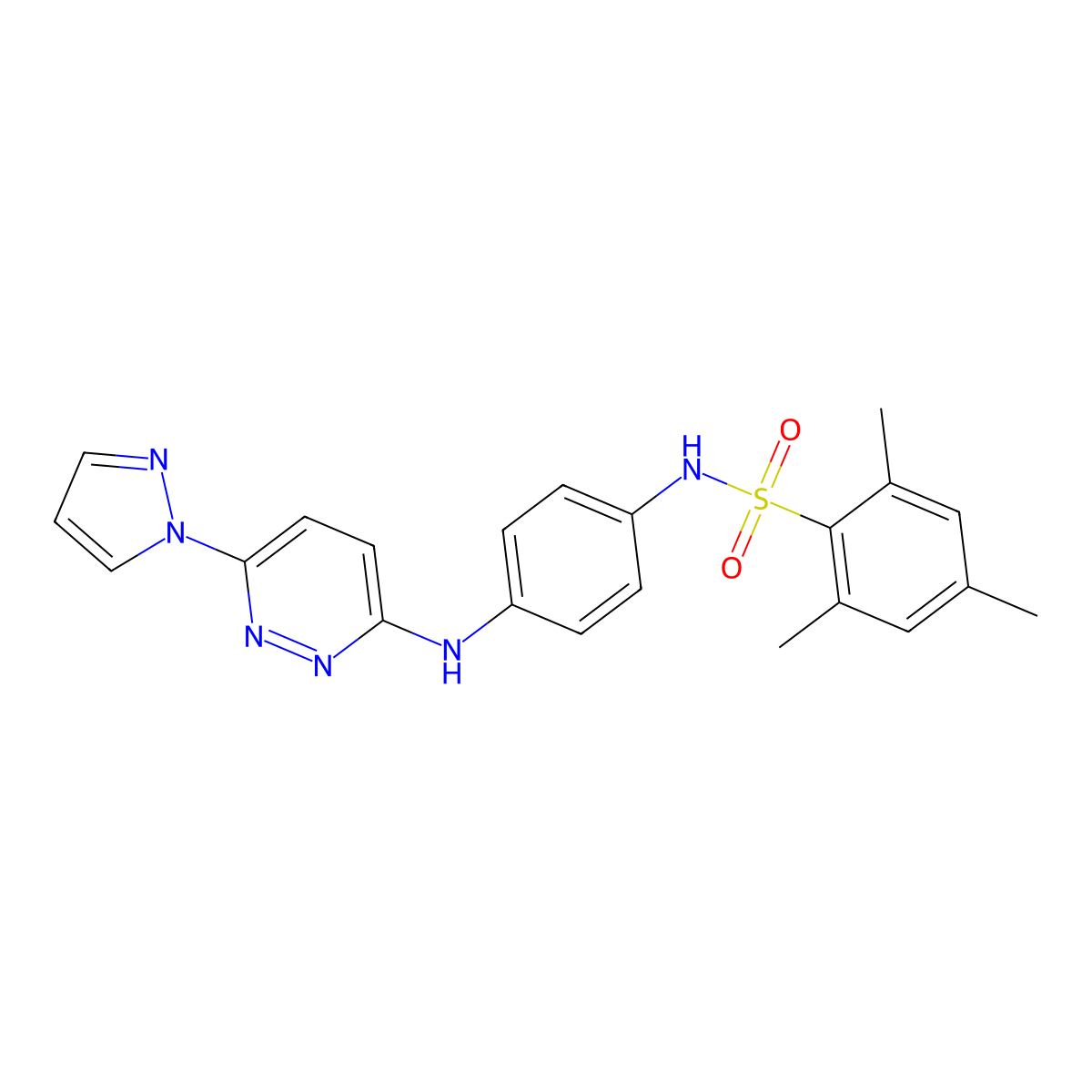 2,4,6-trimethyl-N-(4-{[6-(1H-pyrazol-1-yl)pyridazin-3-yl]amino}phenyl)benzene-1-sulfonamide molecular structure, CAS 1019098-57-7