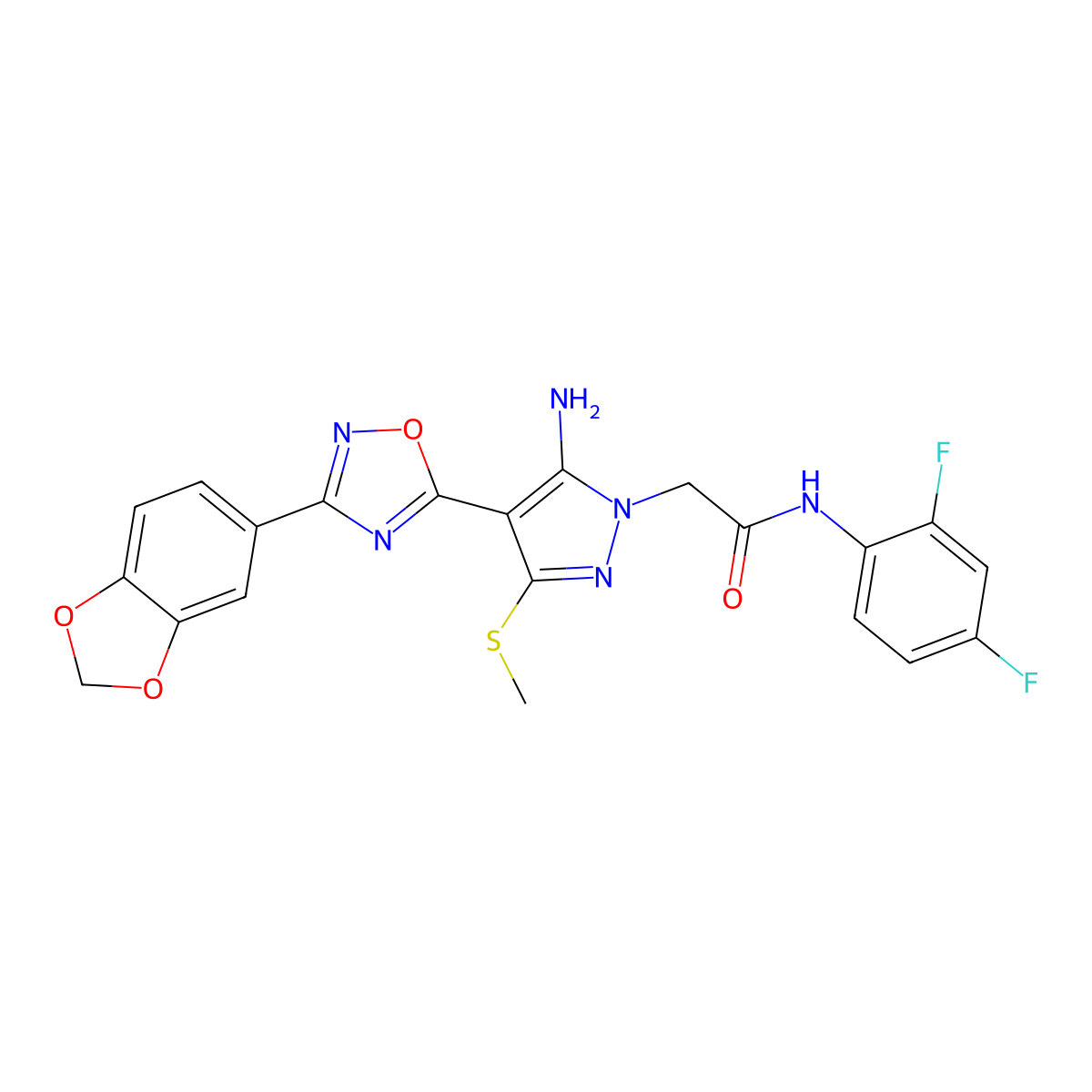 2-(5-amino-4-(3-(benzo[d][1,3]dioxol-5-yl)-1,2,4-oxadiazol-5-yl)-3-(methylthio)-1H-pyrazol-1-yl)-N-(2,4-difluorophenyl)acetamide molecular structure, CAS 1019098-58-8