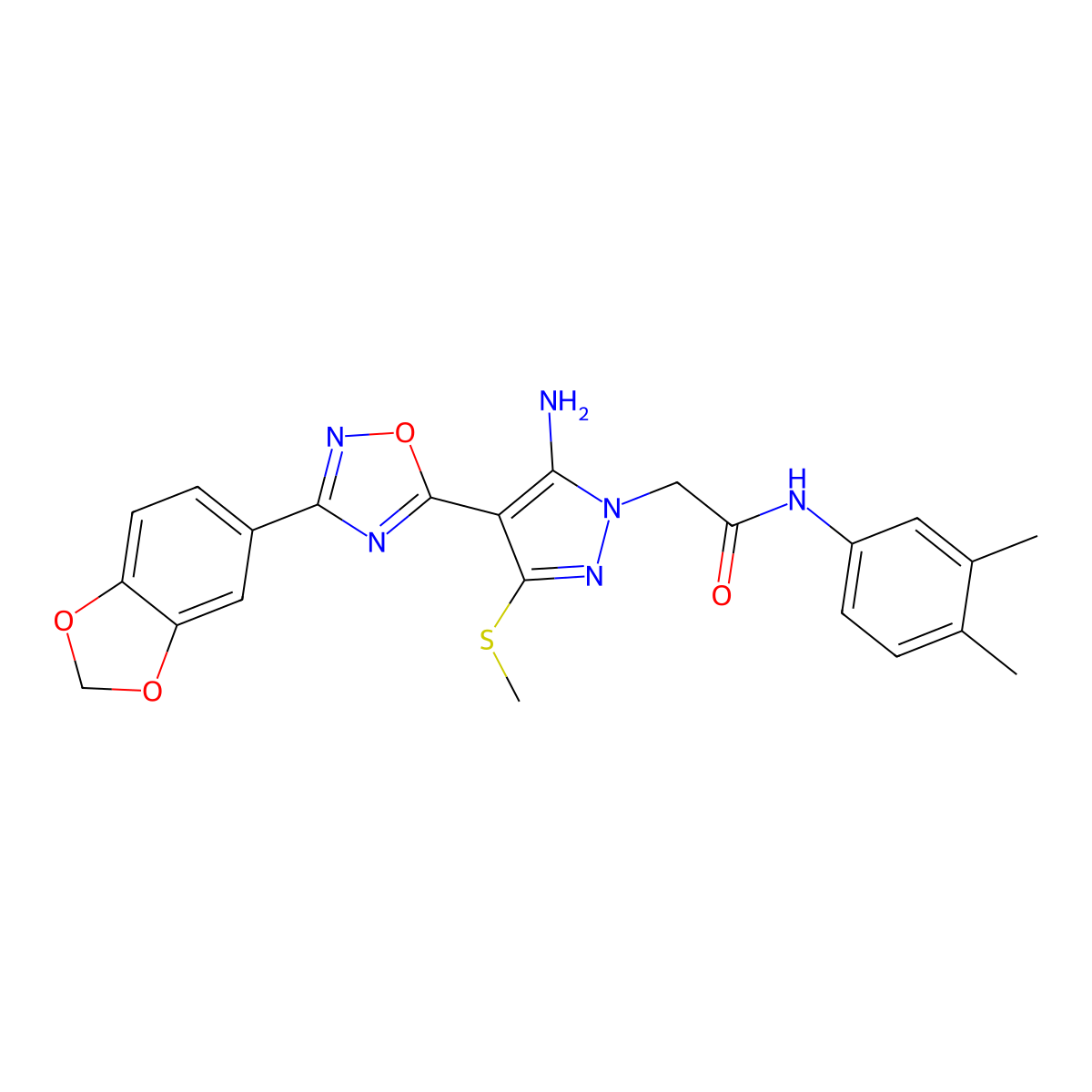 2-(5-amino-4-(3-(benzo[d][1,3]dioxol-5-yl)-1,2,4-oxadiazol-5-yl)-3-(methylthio)-1H-pyrazol-1-yl)-N-(3,4-dimethylphenyl)acetamide molecular structure, CAS 1019098-60-2