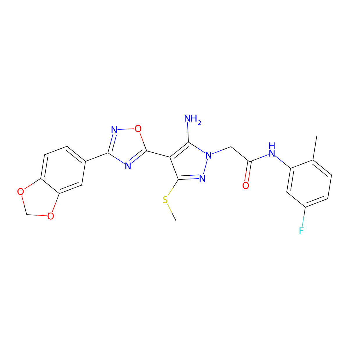 2-(5-amino-4-(3-(benzo[d][1,3]dioxol-5-yl)-1,2,4-oxadiazol-5-yl)-3-(methylthio)-1H-pyrazol-1-yl)-N-(5-fluoro-2-methylphenyl)acetamide molecular structure, CAS 1019098-64-6