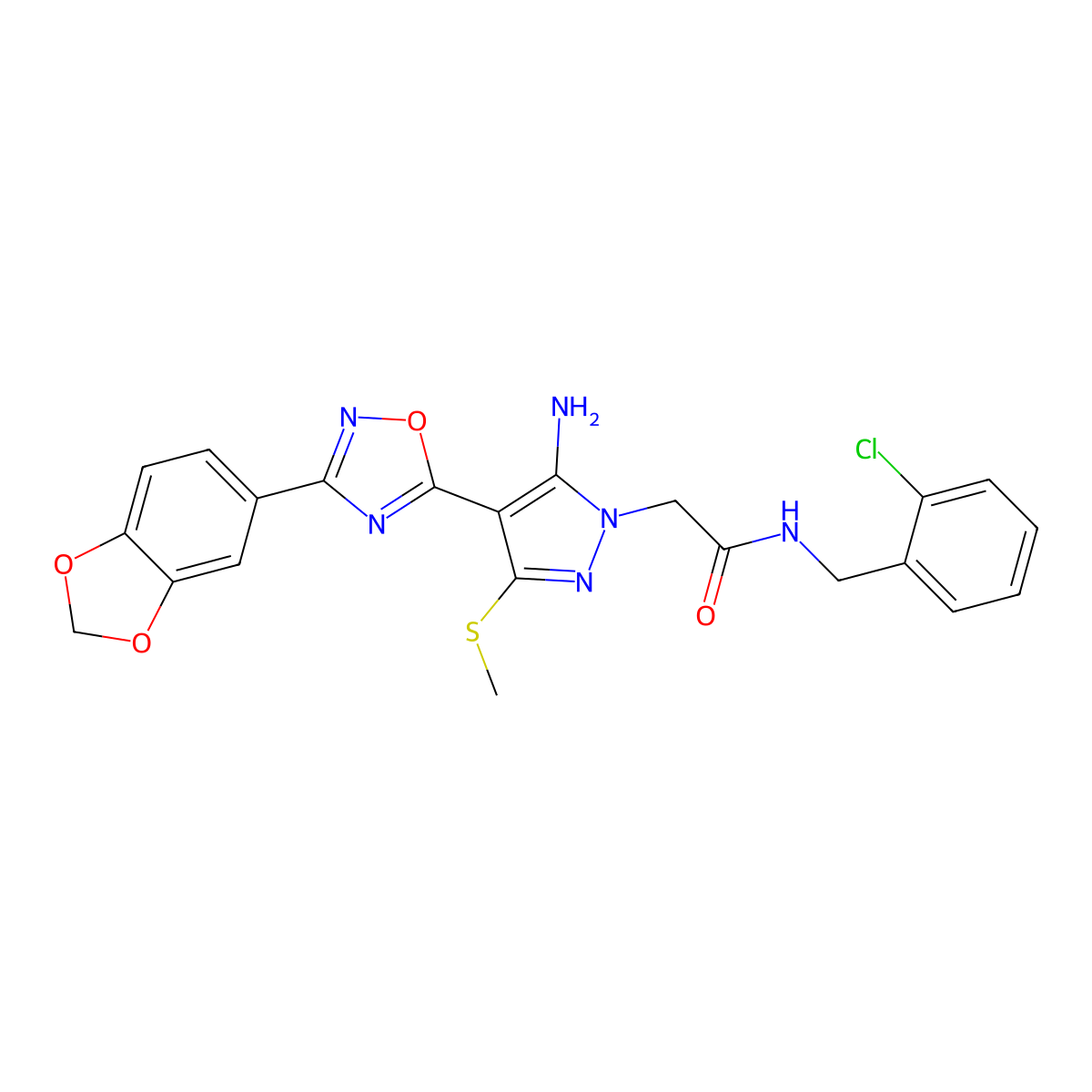 2-(5-amino-4-(3-(benzo[d][1,3]dioxol-5-yl)-1,2,4-oxadiazol-5-yl)-3-(methylthio)-1H-pyrazol-1-yl)-N-(2-chlorobenzyl)acetamide molecular structure, CAS 1019098-66-8