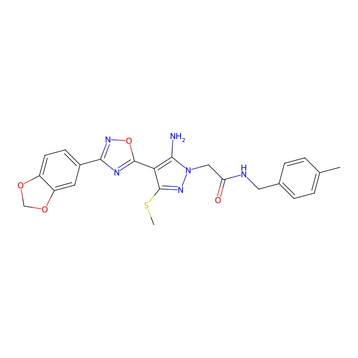 2-[5-amino-4-[3-(1,3-benzodioxol-5-yl)-1,2,4-oxadiazol-5-yl]-3-(methylthio)-1H-pyrazol-1-yl]-N-(4-methylbenzyl)acetamide molecular structure, CAS 1019098-68-0