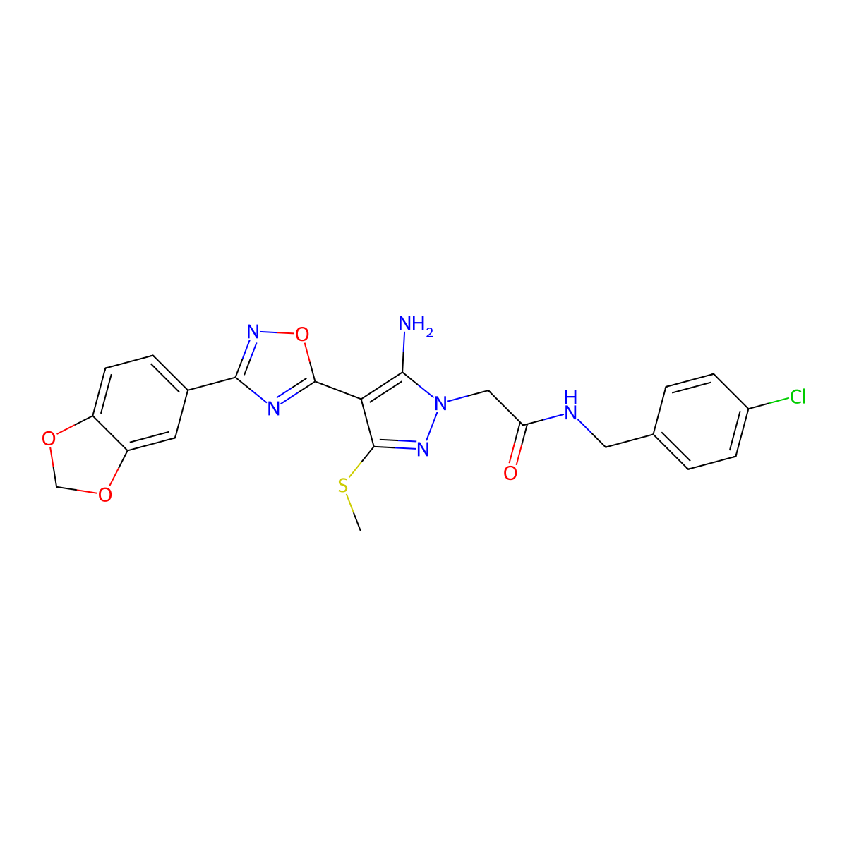 2-[5-amino-4-[3-(1,3-benzodioxol-5-yl)-1,2,4-oxadiazol-5-yl]-3-(methylthio)-1H-pyrazol-1-yl]-N-(4-chlorobenzyl)acetamide molecular structure, CAS 1019098-70-4