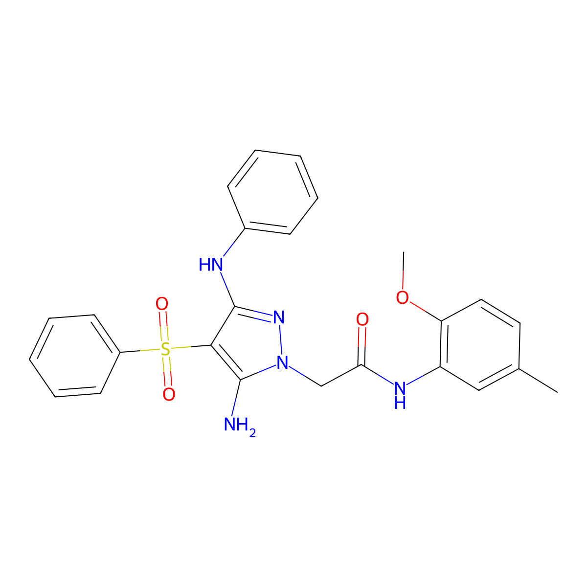 2-(5-amino-3-(phenylamino)-4-(phenylsulfonyl)-1H-pyrazol-1-yl)-N-(2-methoxy-5-methylphenyl)acetamide molecular structure, CAS 1019098-72-6