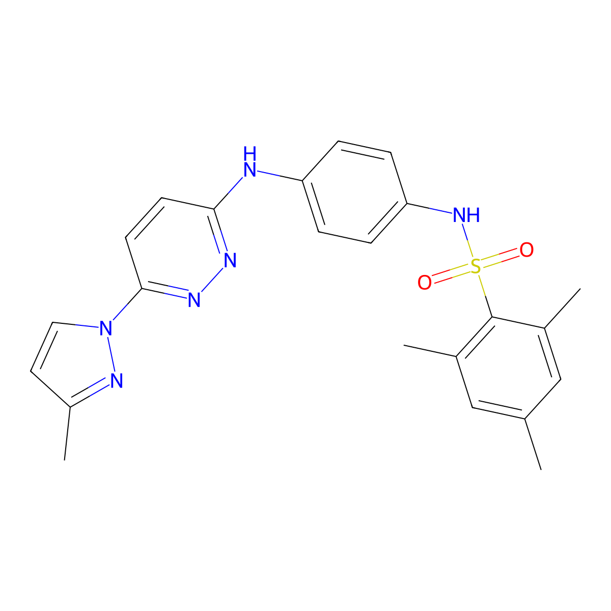 2,4,6-trimethyl-N-(4-{[6-(3-methyl-1H-pyrazol-1-yl)pyridazin-3-yl]amino}phenyl)benzene-1-sulfonamide molecular structure, CAS 1019098-73-7