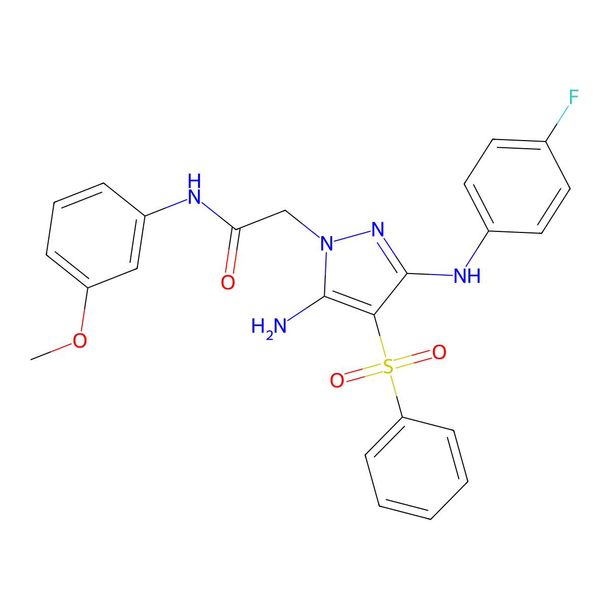 2-(5-amino-3-((4-fluorophenyl)amino)-4-(phenylsulfonyl)-1H-pyrazol-1-yl)-N-(3-methoxyphenyl)acetamide molecular structure, CAS 1019098-76-0