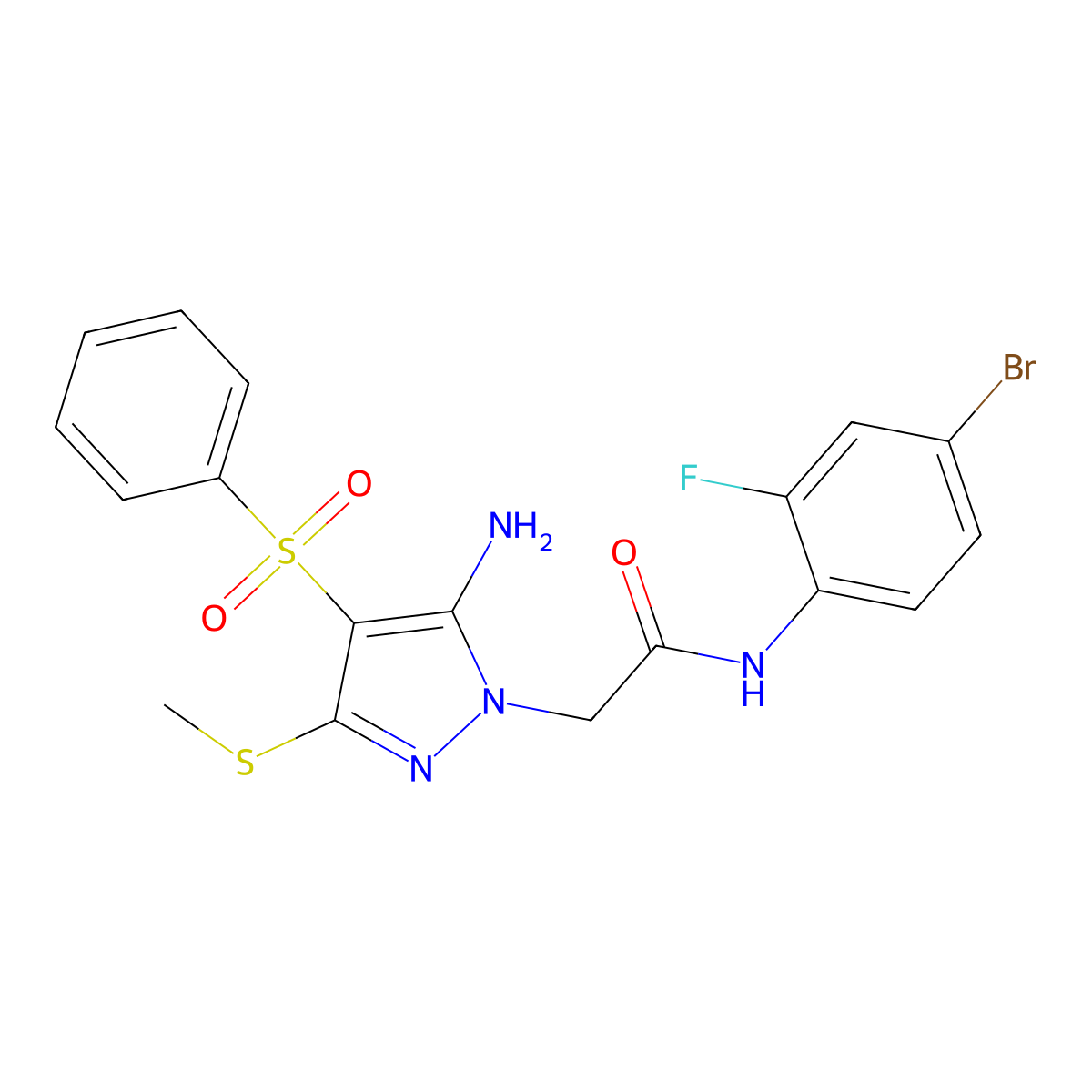 2-(5-amino-3-(methylthio)-4-(phenylsulfonyl)-1H-pyrazol-1-yl)-N-(4-bromo-2-fluorophenyl)acetamide molecular structure, CAS 1019098-78-2