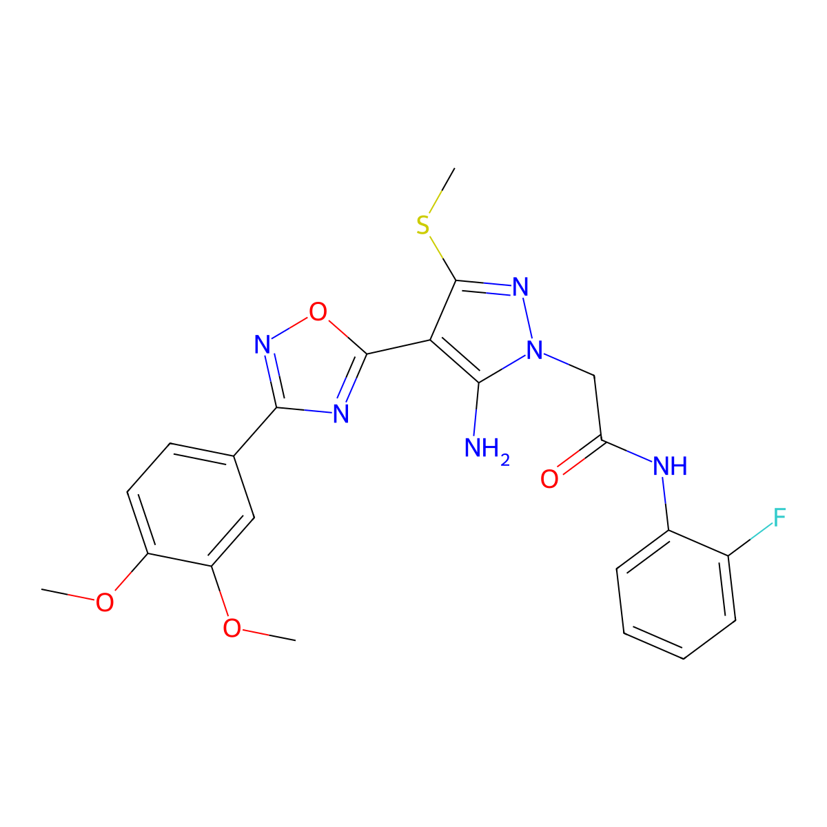 2-(5-amino-4-(3-(3,4-dimethoxyphenyl)-1,2,4-oxadiazol-5-yl)-3-(methylthio)-1H-pyrazol-1-yl)-N-(2-fluorophenyl)acetamide molecular structure, CAS 1019098-80-6