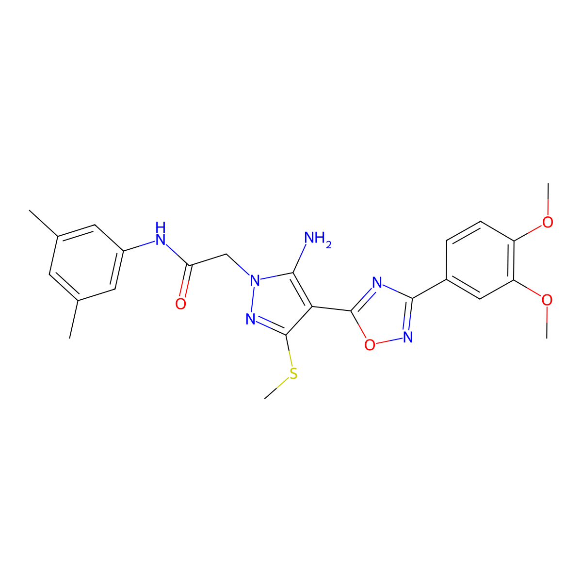 2-(5-amino-4-(3-(3,4-dimethoxyphenyl)-1,2,4-oxadiazol-5-yl)-3-(methylthio)-1H-pyrazol-1-yl)-N-(3,5-dimethylphenyl)acetamide molecular structure, CAS 1019098-82-8