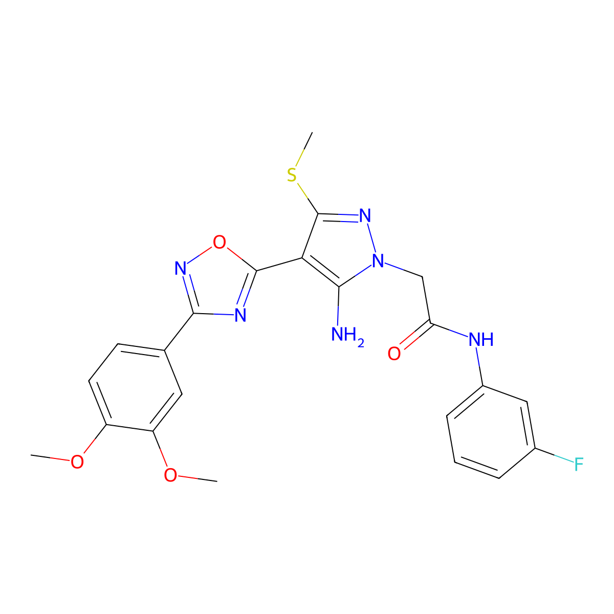 2-(5-amino-4-(3-(3,4-dimethoxyphenyl)-1,2,4-oxadiazol-5-yl)-3-(methylthio)-1H-pyrazol-1-yl)-N-(3-fluorophenyl)acetamide molecular structure, CAS 1019098-84-0
