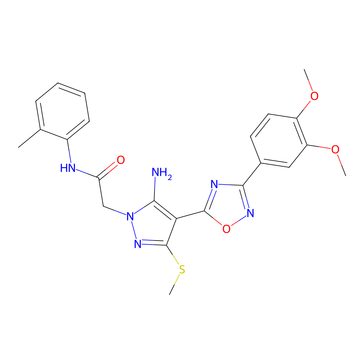 2-(5-amino-4-(3-(3,4-dimethoxyphenyl)-1,2,4-oxadiazol-5-yl)-3-(methylthio)-1H-pyrazol-1-yl)-N-(o-tolyl)acetamide molecular structure, CAS 1019098-86-2