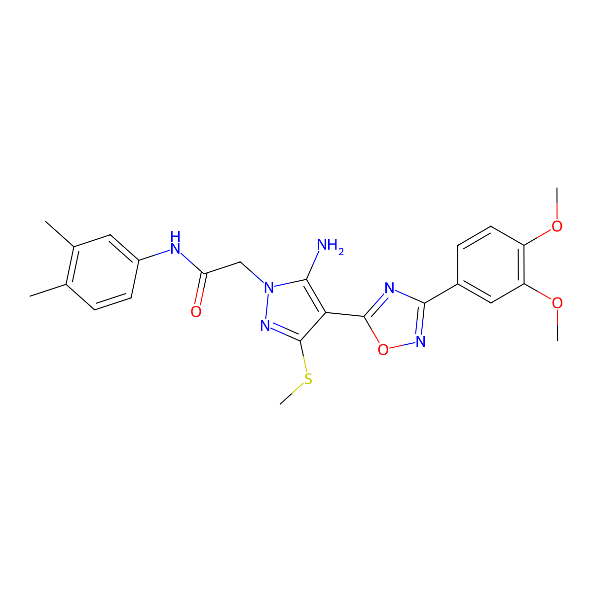 2-{5-amino-4-[3-(3,4-dimethoxyphenyl)-1,2,4-oxadiazol-5-yl]-3-(methylsulfanyl)-1H-pyrazol-1-yl}-N-(3,4-dimethylphenyl)acetamide molecular structure, CAS 1019098-88-4