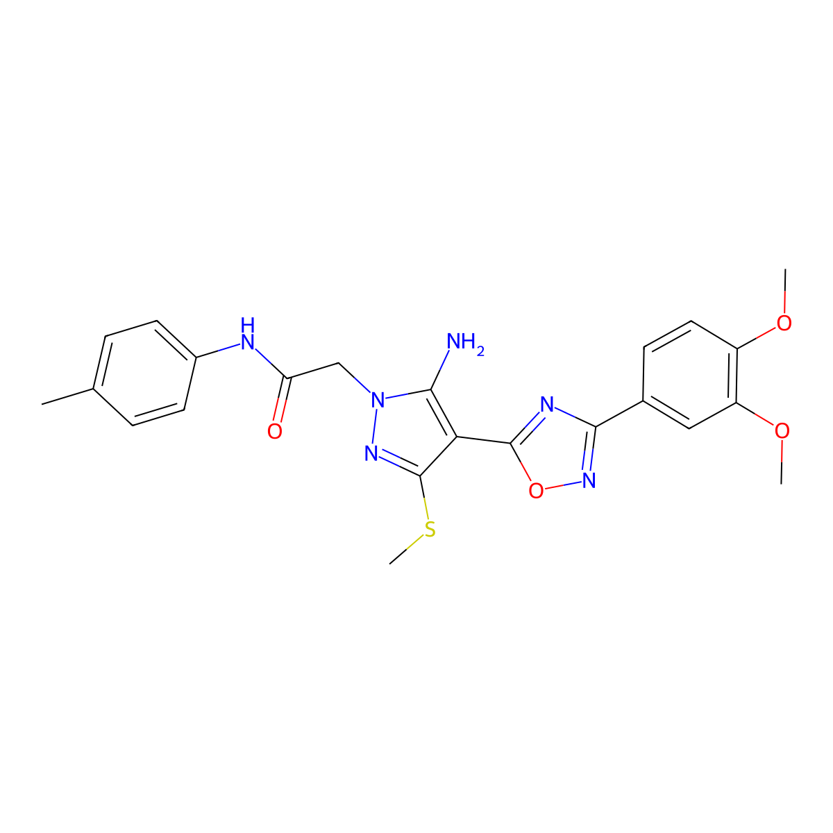 2-(5-amino-4-(3-(3,4-dimethoxyphenyl)-1,2,4-oxadiazol-5-yl)-3-(methylthio)-1H-pyrazol-1-yl)-N-(p-tolyl)acetamide molecular structure, CAS 1019098-92-0