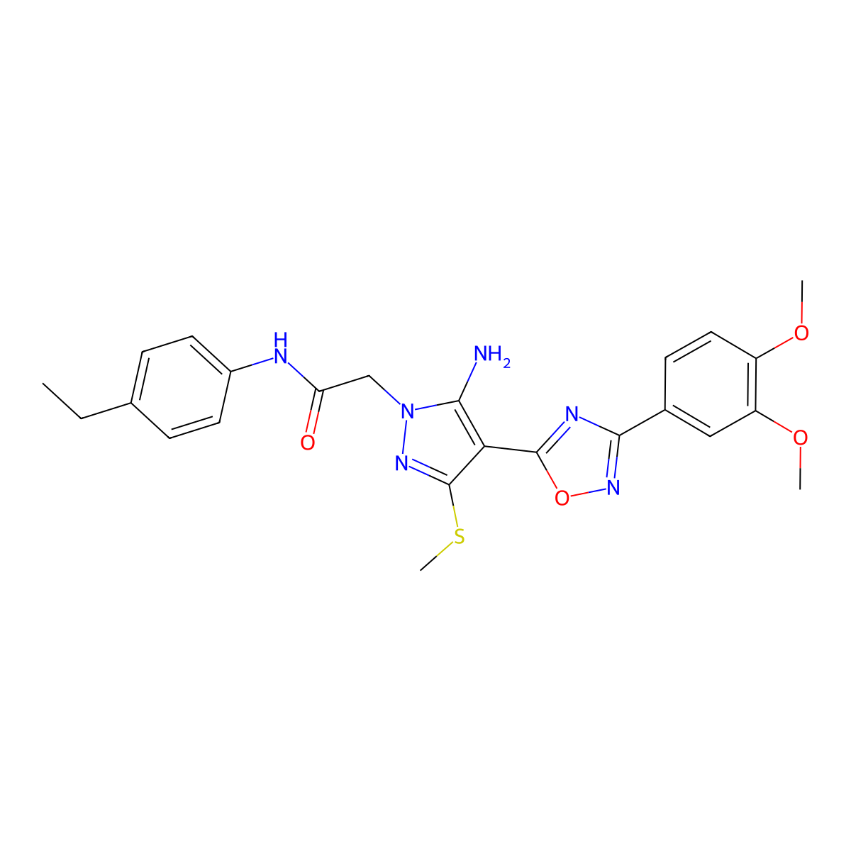 2-(5-amino-4-(3-(3,4-dimethoxyphenyl)-1,2,4-oxadiazol-5-yl)-3-(methylthio)-1H-pyrazol-1-yl)-N-(4-ethylphenyl)acetamide molecular structure, CAS 1019098-94-2