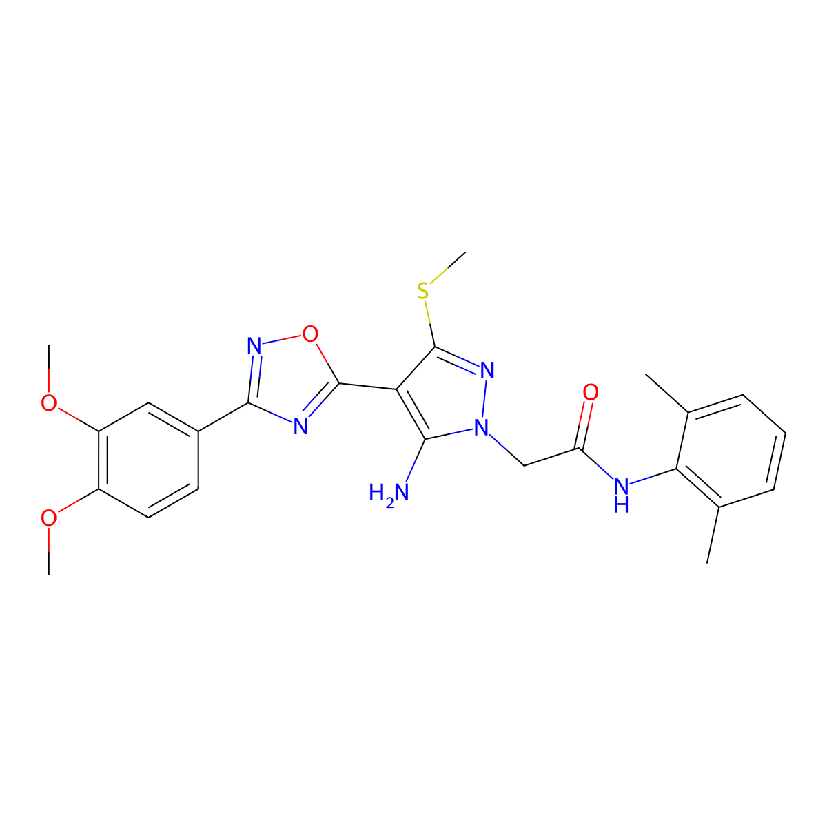2-(5-amino-4-(3-(3,4-dimethoxyphenyl)-1,2,4-oxadiazol-5-yl)-3-(methylthio)-1H-pyrazol-1-yl)-N-(2,6-dimethylphenyl)acetamide molecular structure, CAS 1019098-96-4