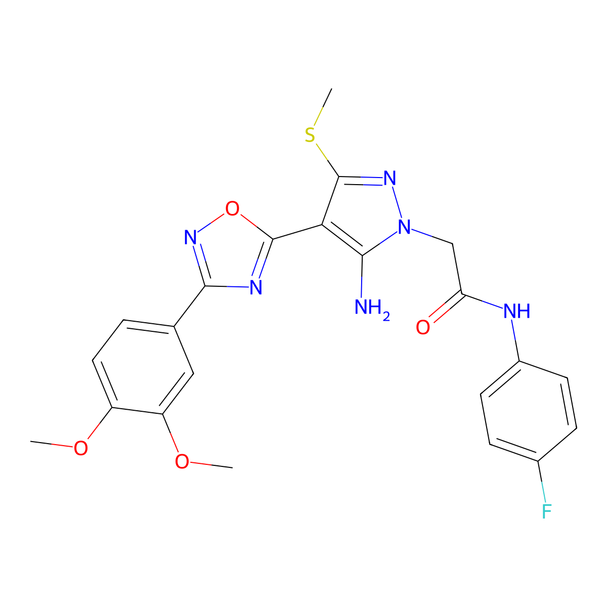 2-(5-amino-4-(3-(3,4-dimethoxyphenyl)-1,2,4-oxadiazol-5-yl)-3-(methylthio)-1H-pyrazol-1-yl)-N-(4-fluorophenyl)acetamide molecular structure, CAS 1019098-98-6