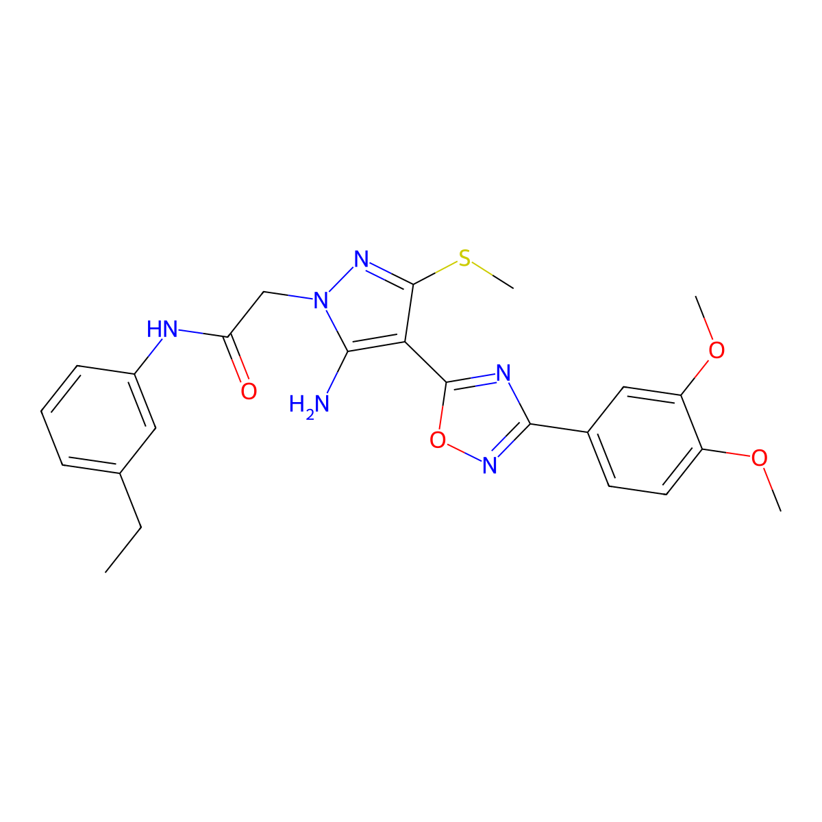 2-(5-amino-4-(3-(3,4-dimethoxyphenyl)-1,2,4-oxadiazol-5-yl)-3-(methylthio)-1H-pyrazol-1-yl)-N-(3-ethylphenyl)acetamide molecular structure, CAS 1019099-01-4