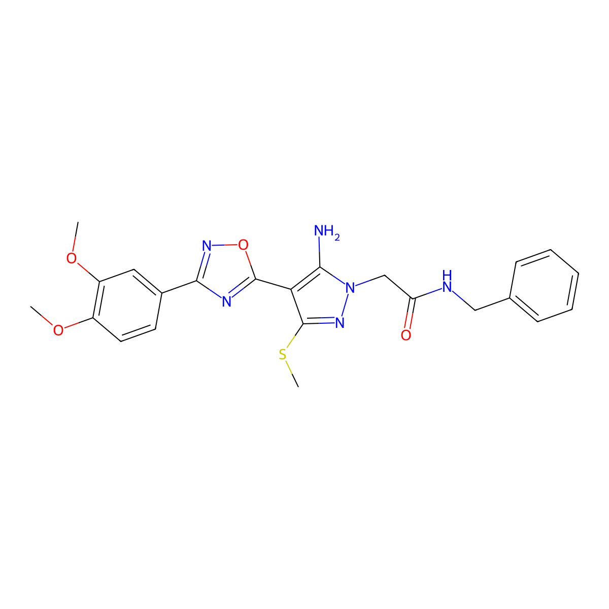 2-(5-amino-4-(3-(3,4-dimethoxyphenyl)-1,2,4-oxadiazol-5-yl)-3-(methylthio)-1H-pyrazol-1-yl)-N-benzylacetamide molecular structure, CAS 1019099-04-7