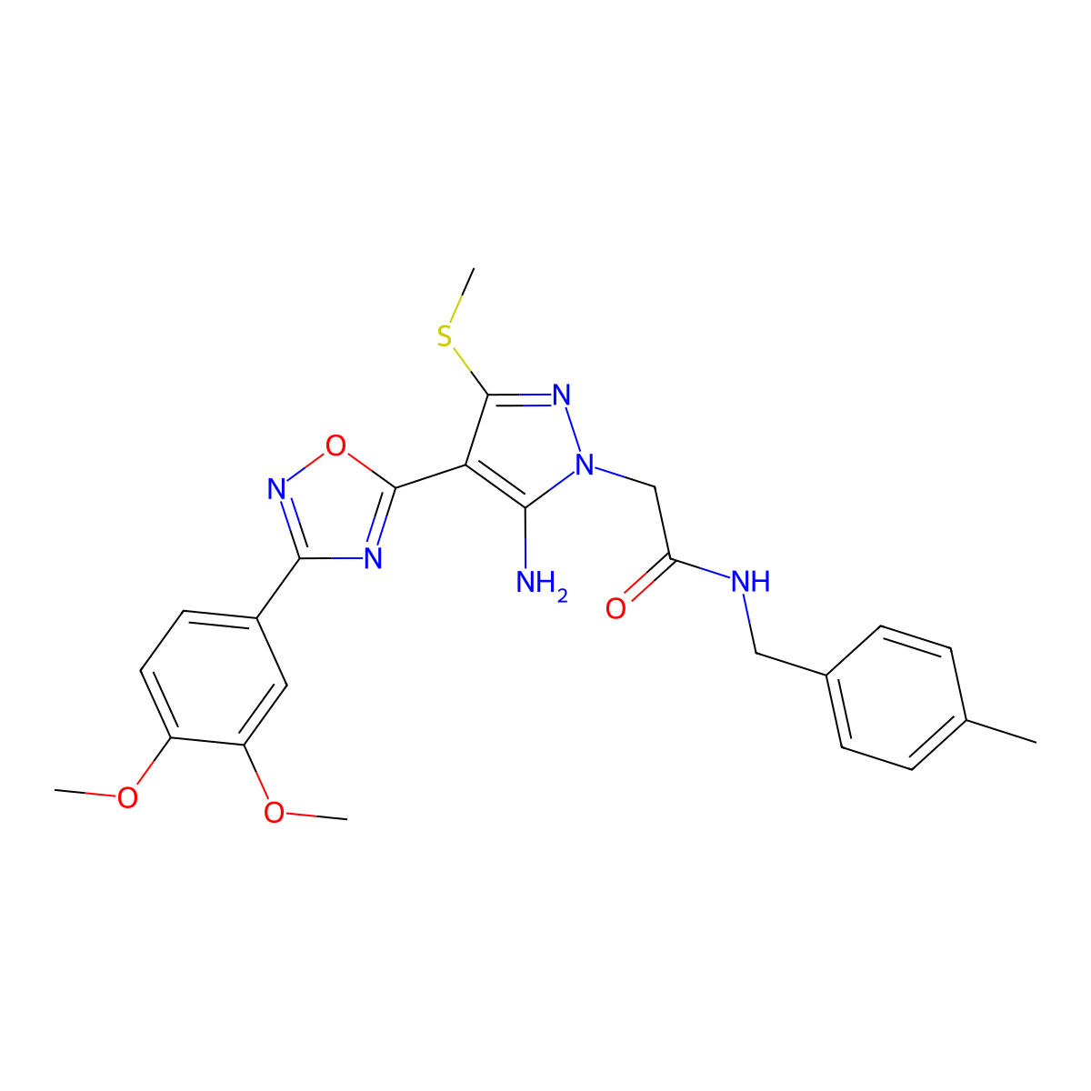 2-(5-amino-4-(3-(3,4-dimethoxyphenyl)-1,2,4-oxadiazol-5-yl)-3-(methylthio)-1H-pyrazol-1-yl)-N-(4-methylbenzyl)acetamide molecular structure, CAS 1019099-07-0