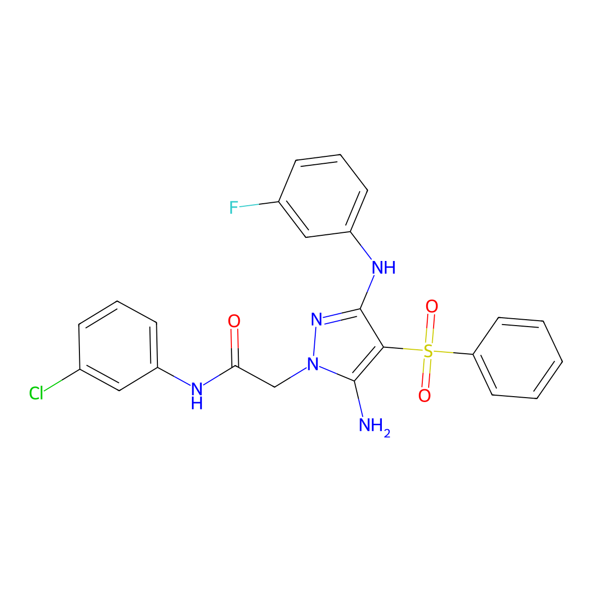 2-(5-amino-3-((3-fluorophenyl)amino)-4-(phenylsulfonyl)-1H-pyrazol-1-yl)-N-(3-chlorophenyl)acetamide molecular structure, CAS 1019099-12-7