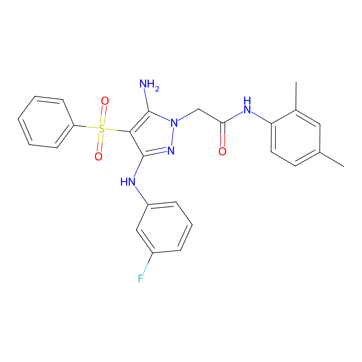 2-(5-amino-3-((3-fluorophenyl)amino)-4-(phenylsulfonyl)-1H-pyrazol-1-yl)-N-(2,4-dimethylphenyl)acetamide molecular structure, CAS 1019099-15-0